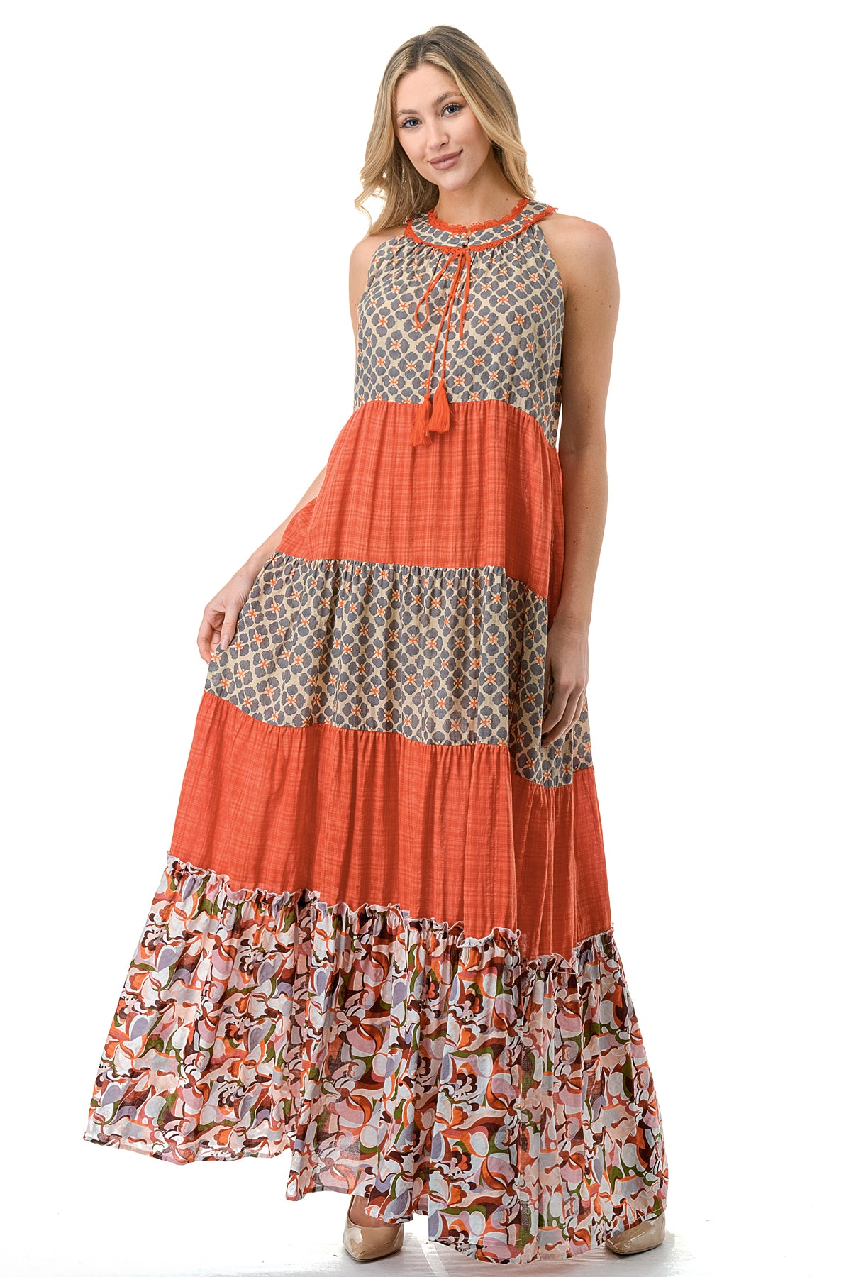 Rust Twin Printed Sleeveless Maxi Dress – Solitaire