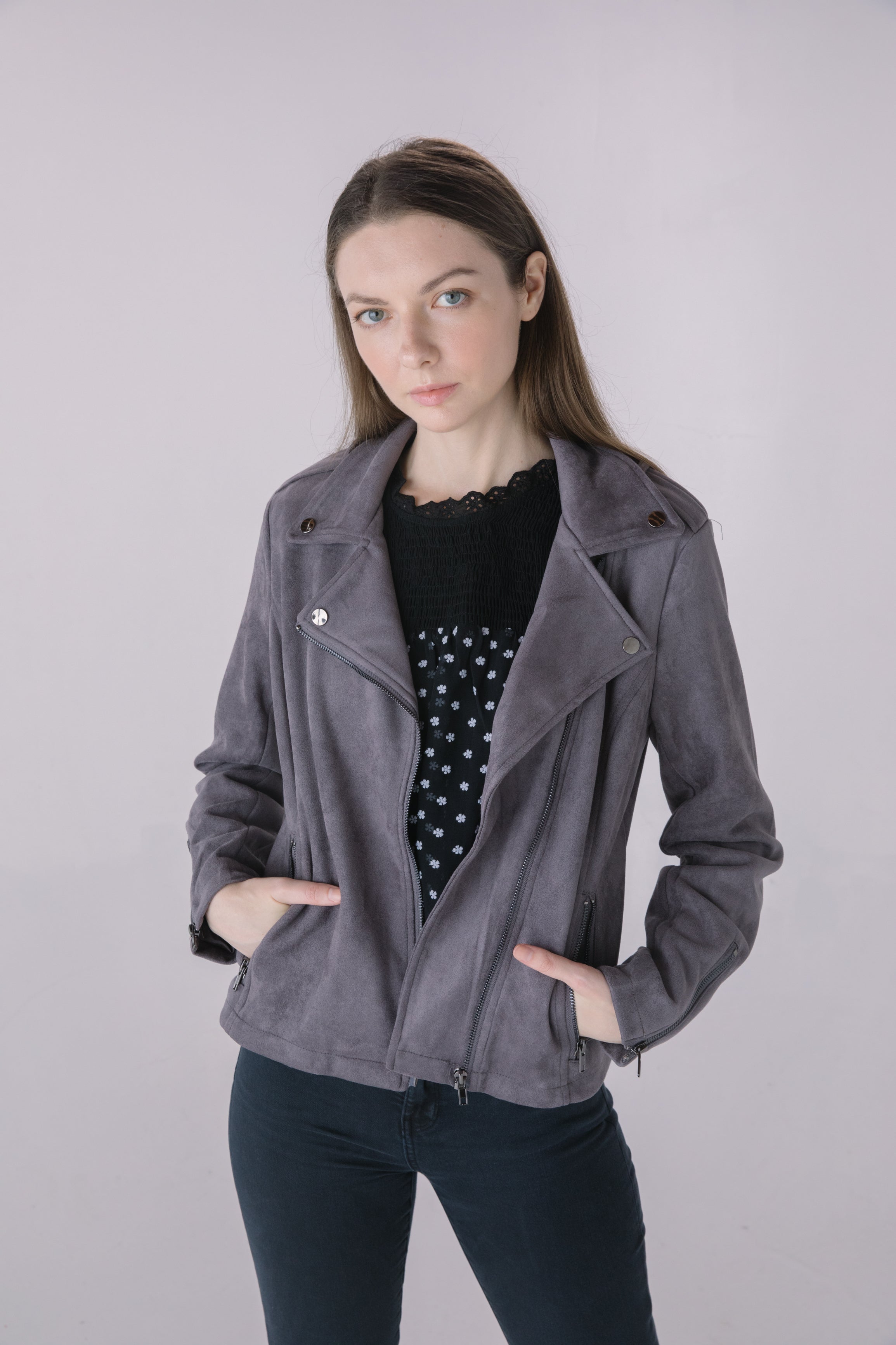 Womens grey outlet suede biker jacket