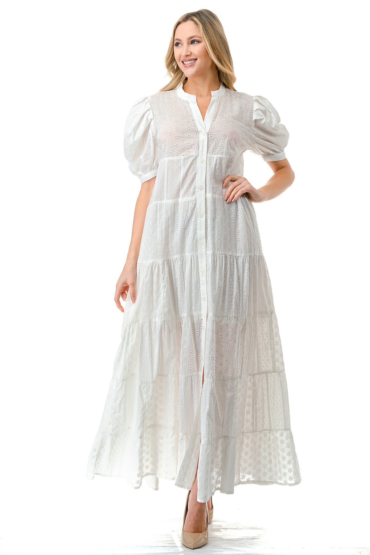 Ivory Eyelet Tiered Button Down Puff Sleeve Maxi – Solitaire