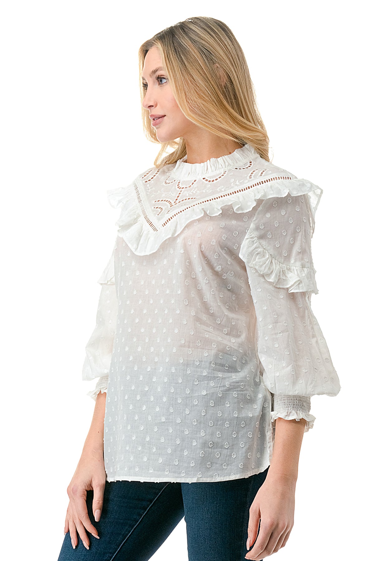 White Texture Fabric Embroidered Cutout Bib Blouse – Solitaire