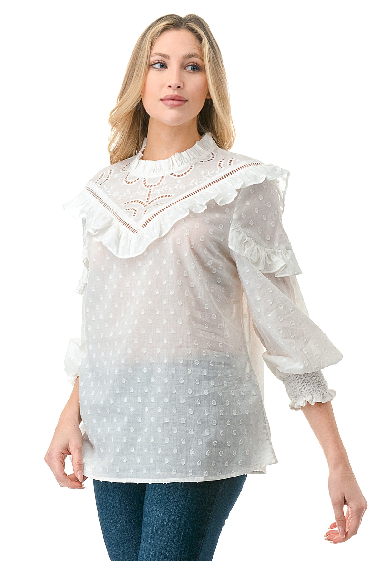 White Texture Fabric Embroidered Cutout Bib Blouse – Solitaire