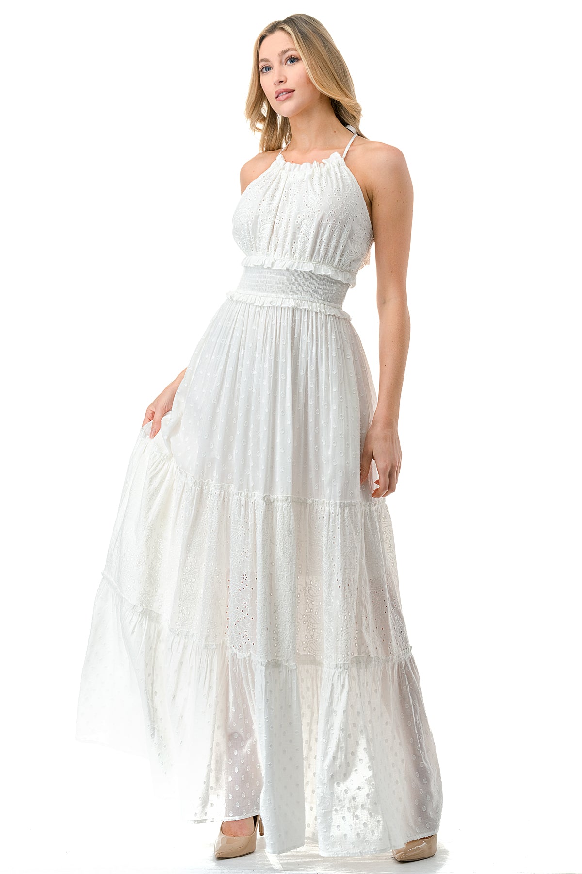 Ivory Eyelet Textured Smocked Halter Dress Solitaire