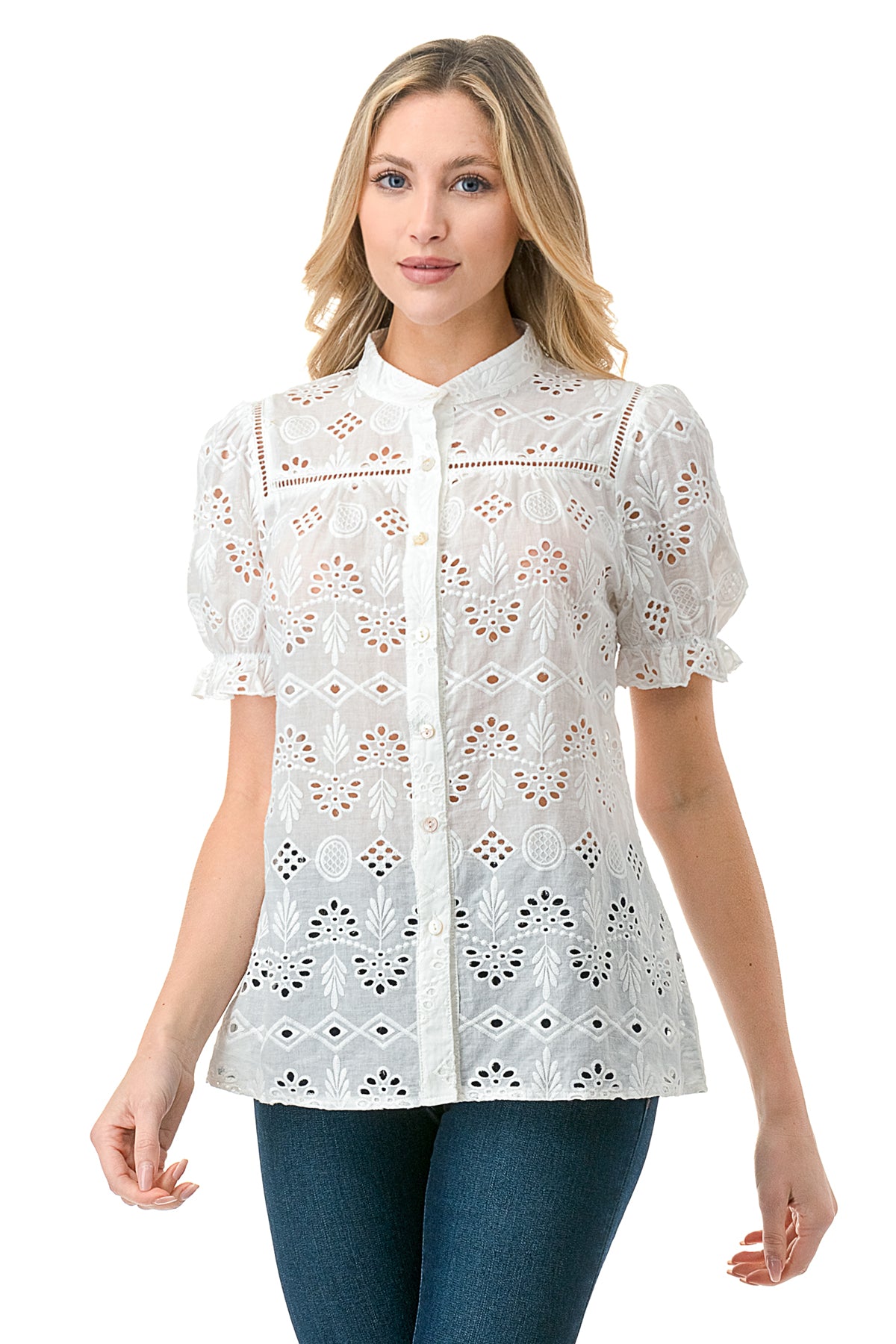 White Eyelet Short Sleeve Button Down – Solitaire
