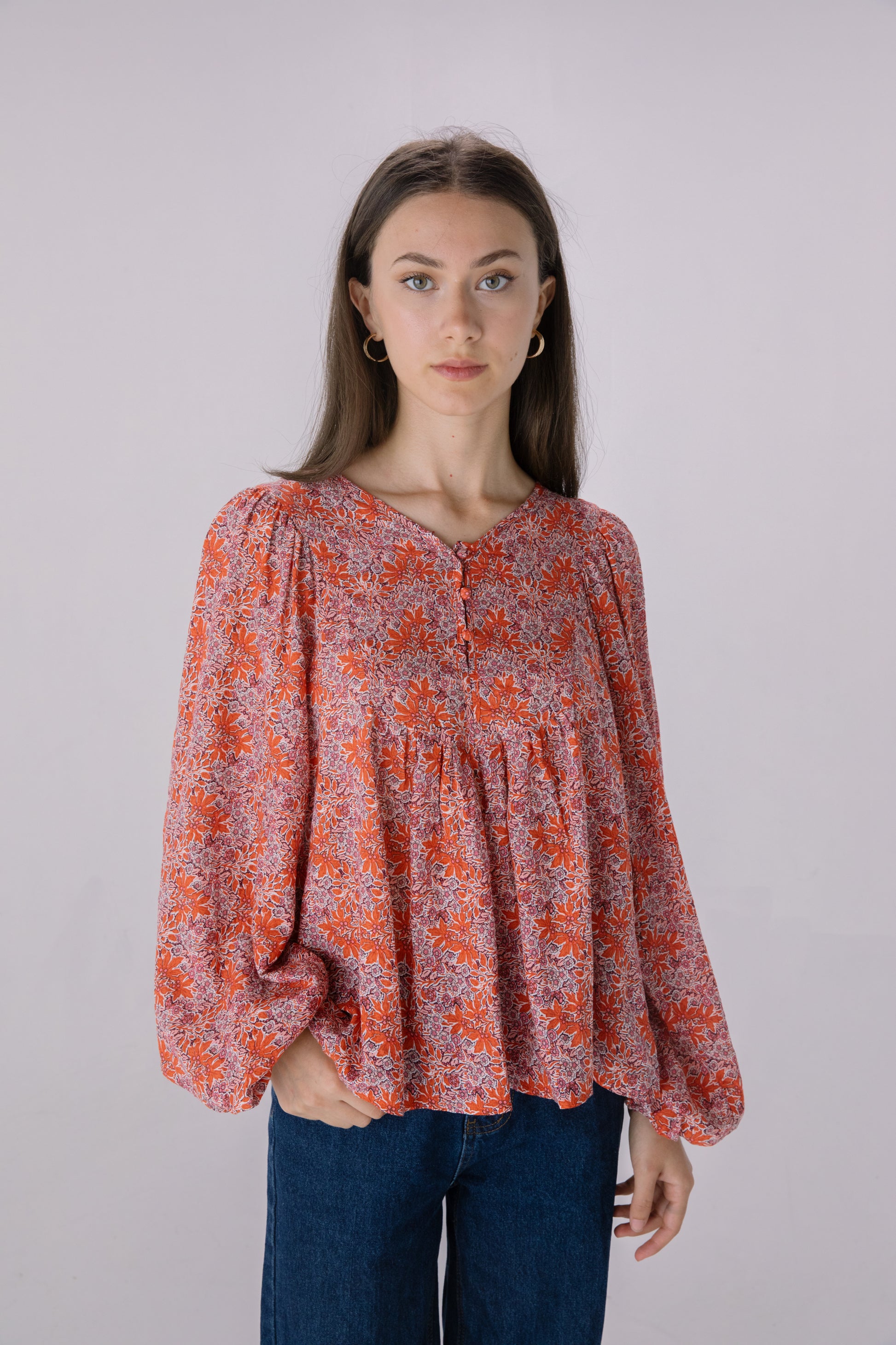 Balloon Sleeve Women's Bohemian Blouse Red