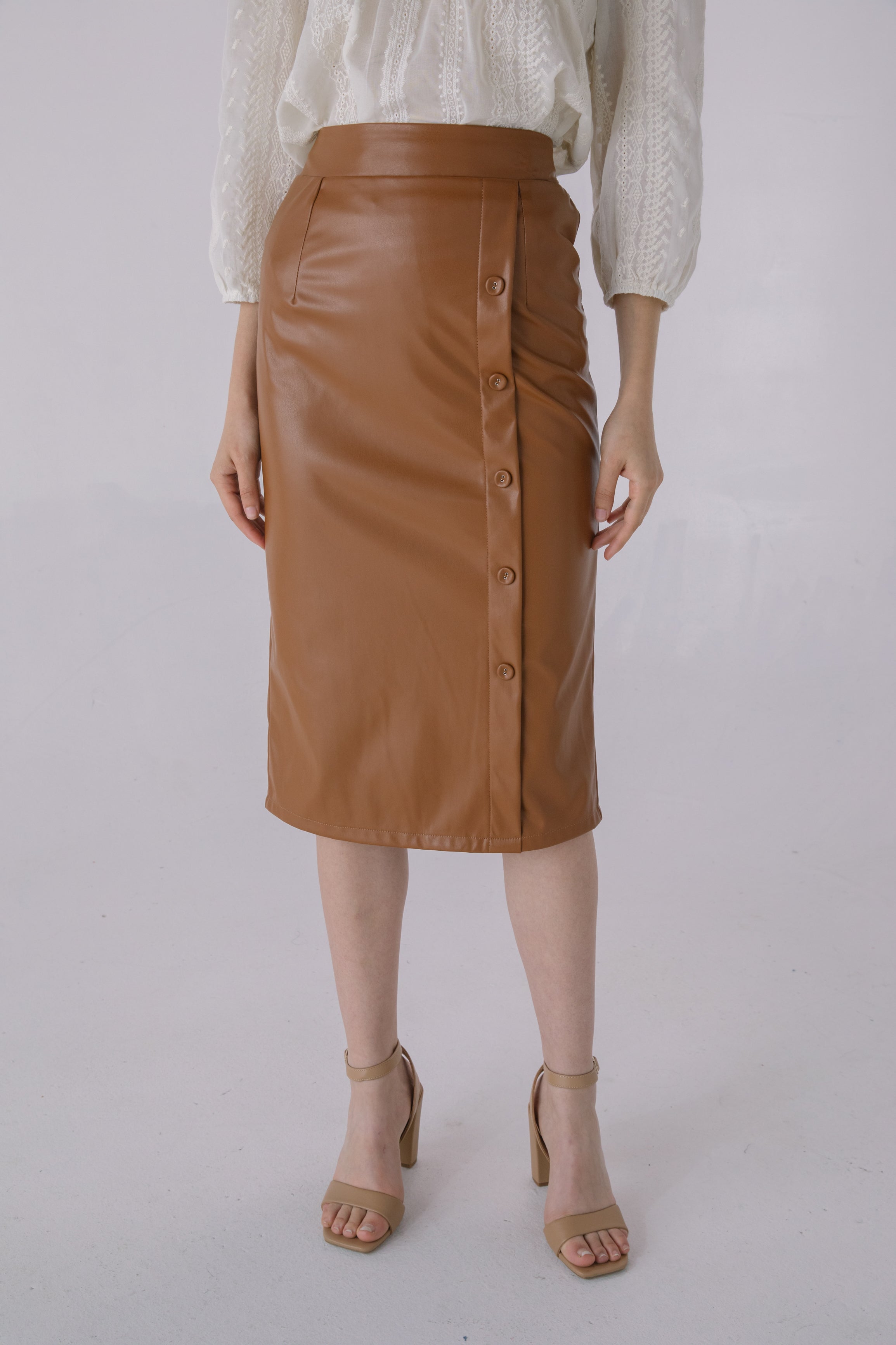 Chocolate brown leather pencil cheap skirt