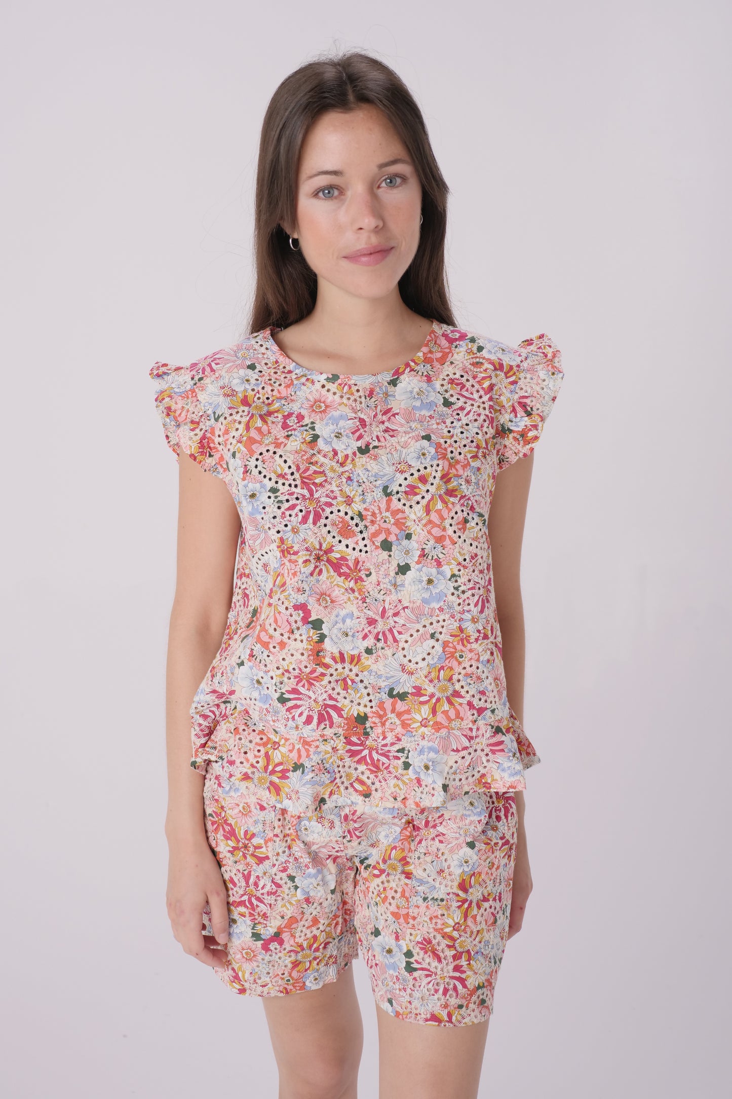 Pink Tropical Floral Printed Eyelet Short