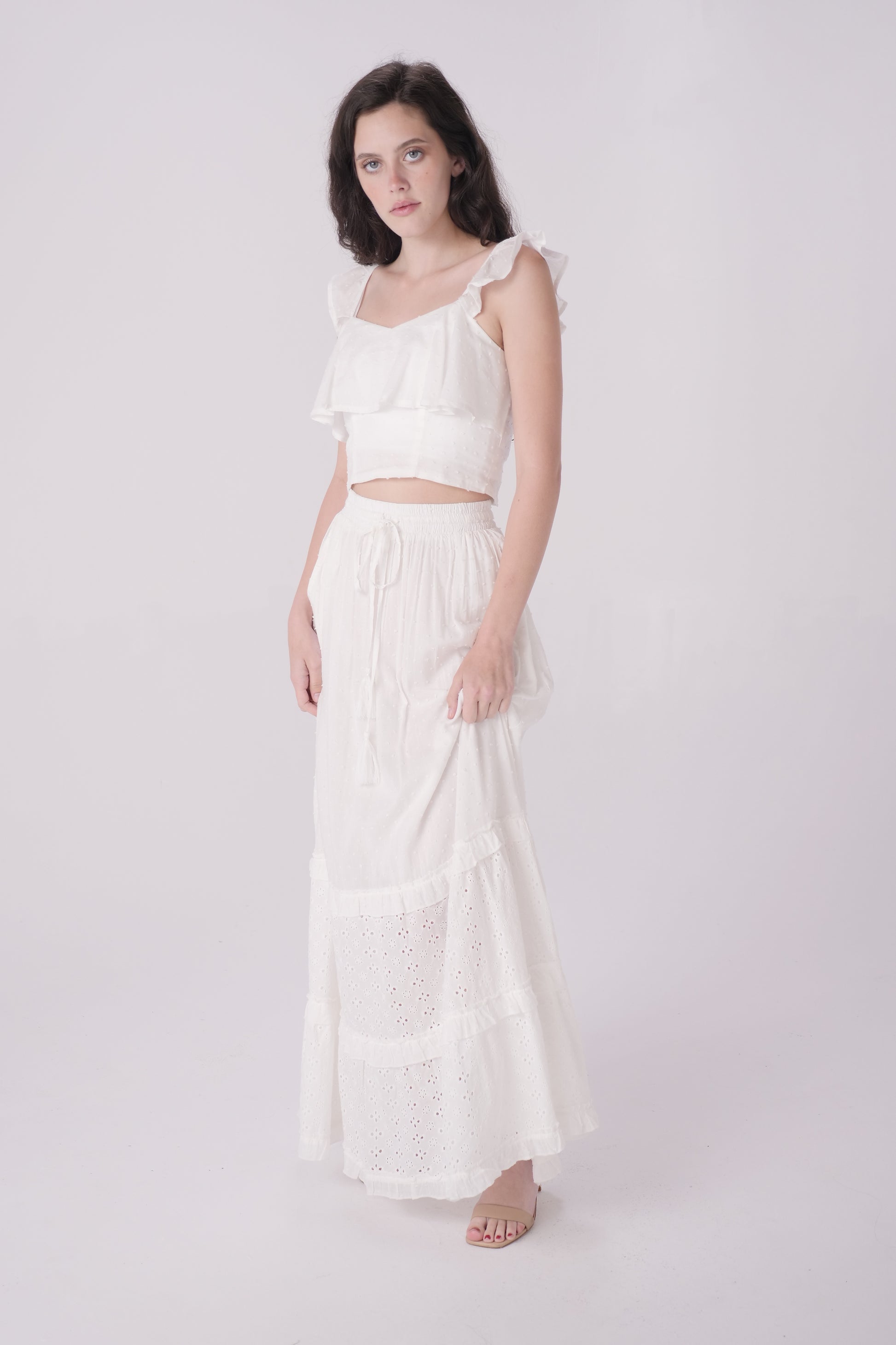 Ivory Smocked Waist Tiered Eyelet Maxi Dress – Solitaire