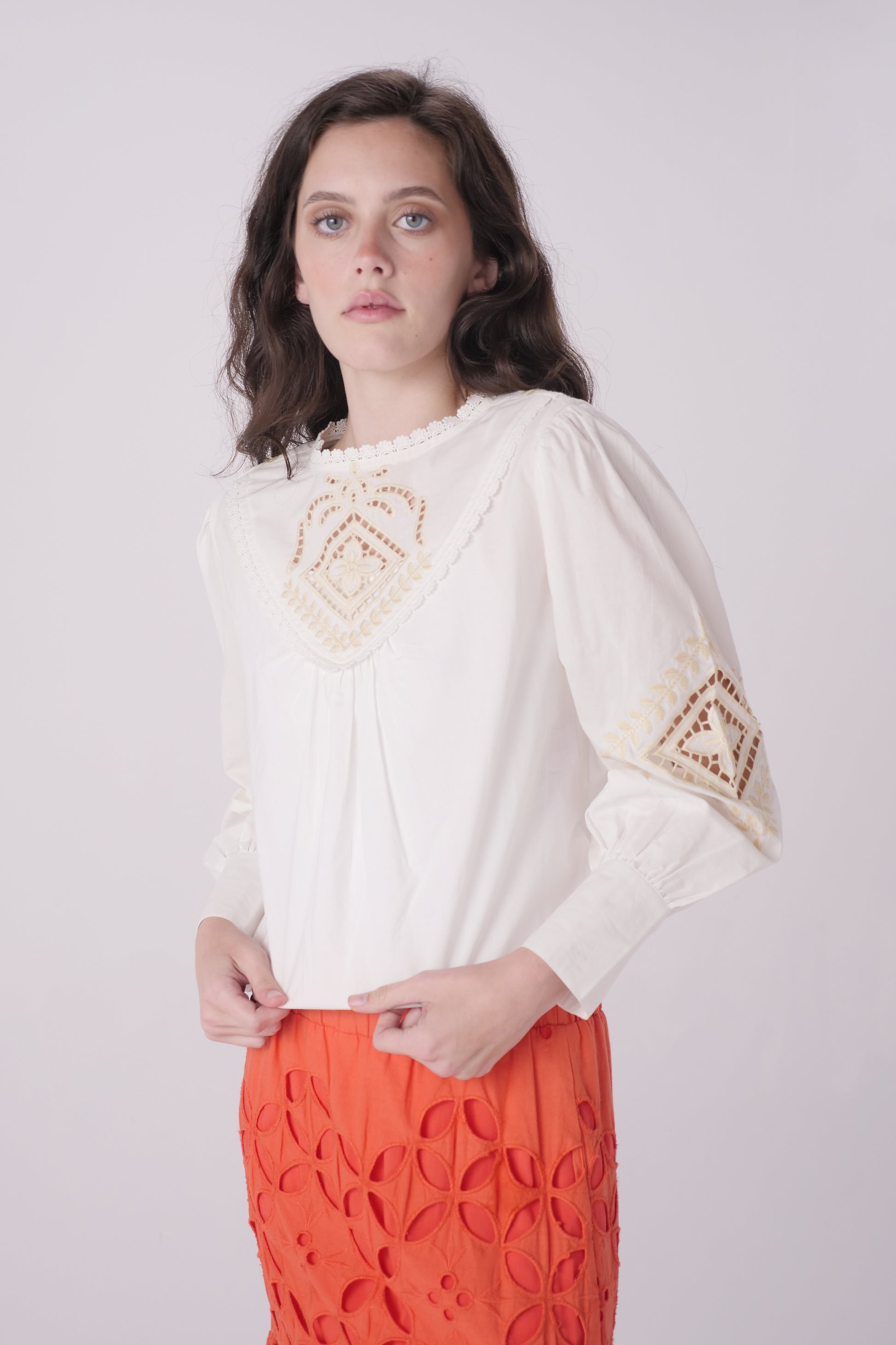 Embroidered Cutout Poplin Top