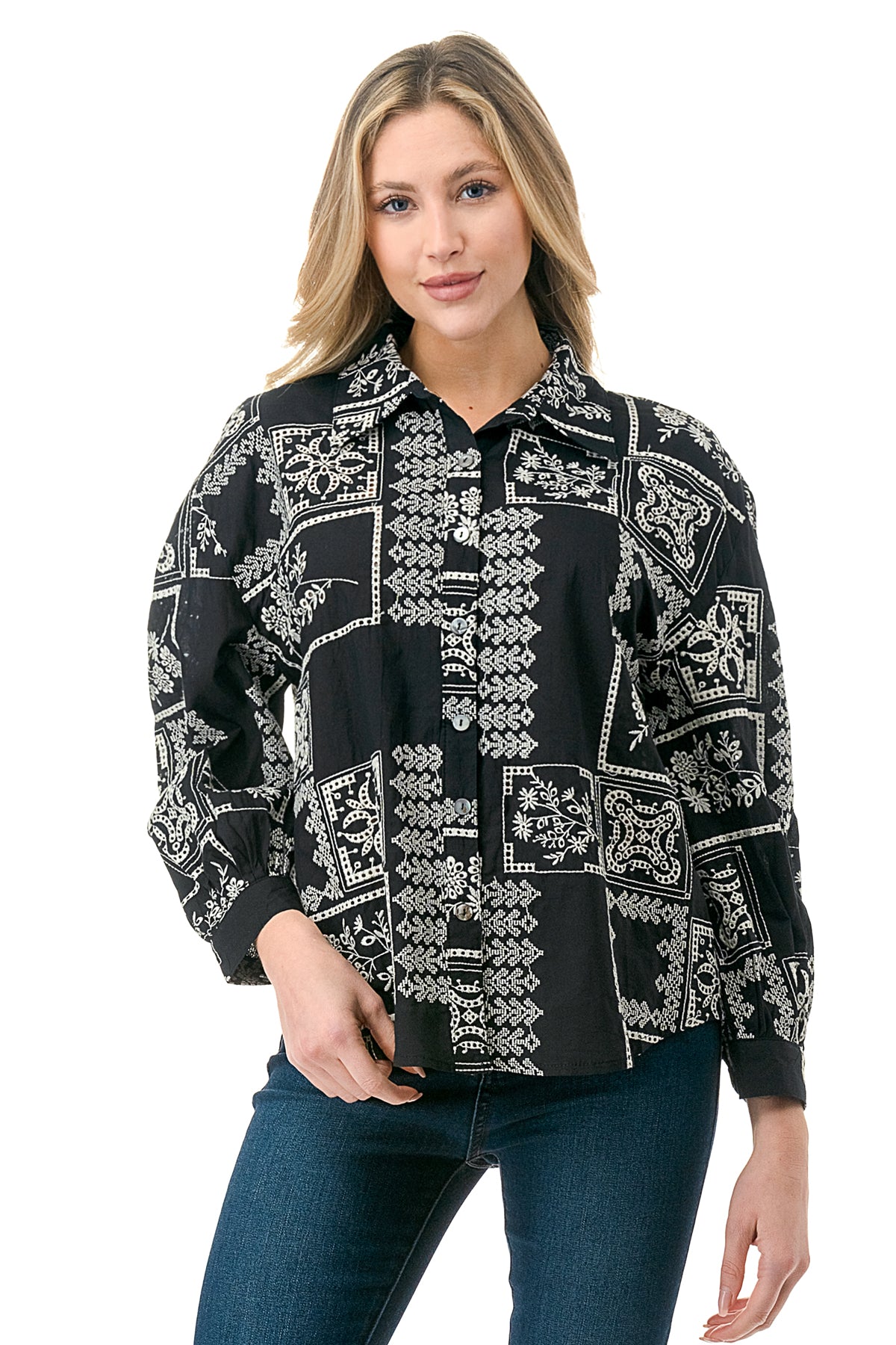 Black/White Embroidered Patchwork Eyelet Button Down – Solitaire