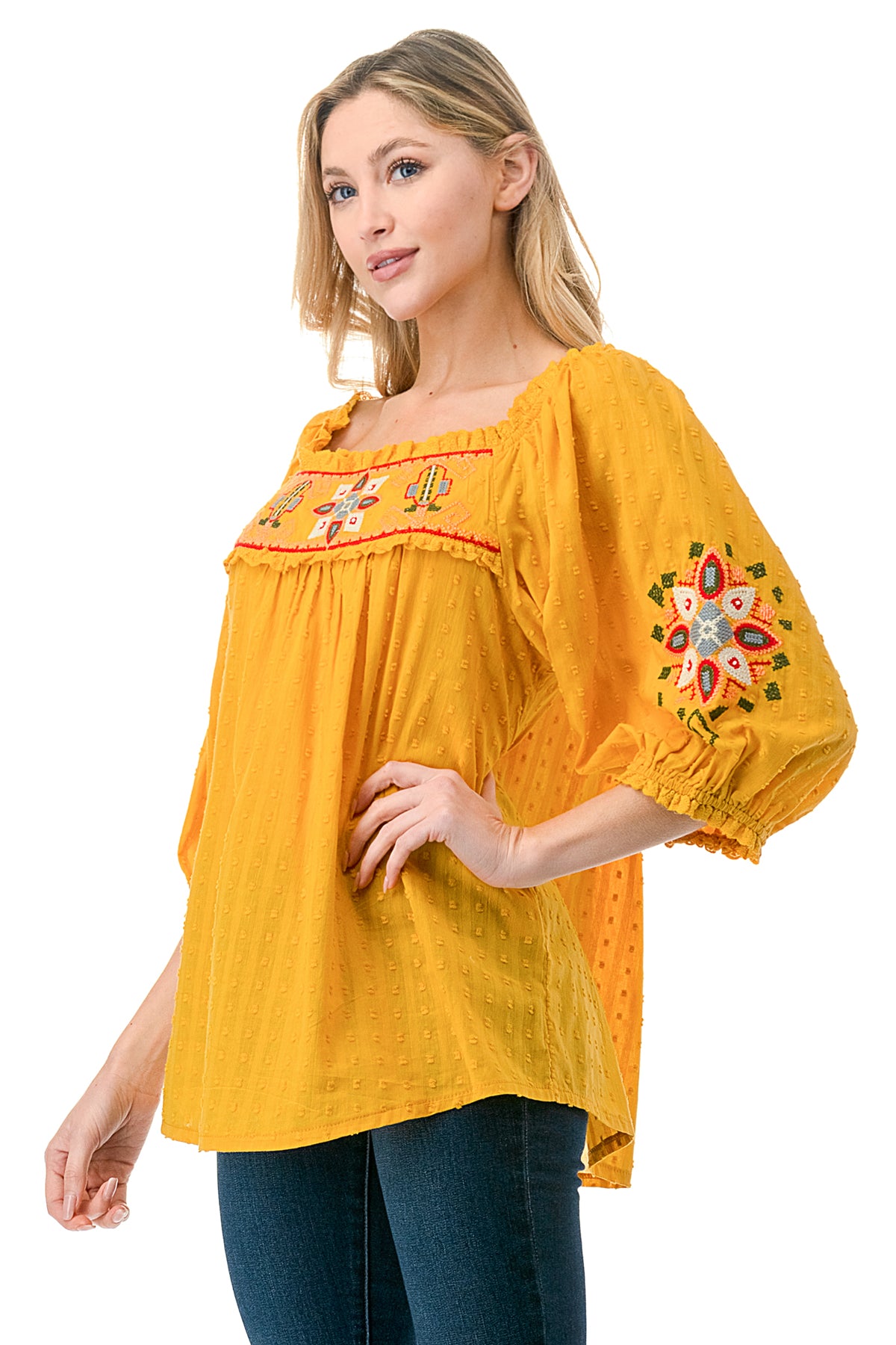 Blouse with folds on decolletage embellished with crystals mustard yellow -  YOKKO